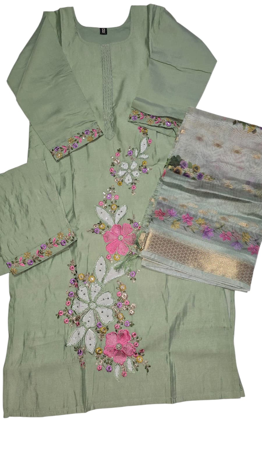 Elegant Sage Green Embroidered Silk Suit Set with Floral Detailing & Dupatta -W22