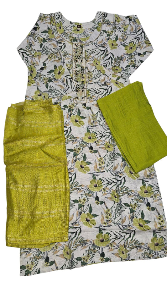 White Floral Printed Cotton Kurta Set with Lime Green Dupatta -W19