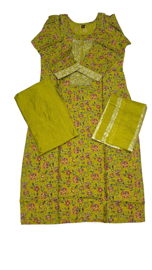 Mustard Yellow Floral Cotton Kurta Set with Dupatta -W21?