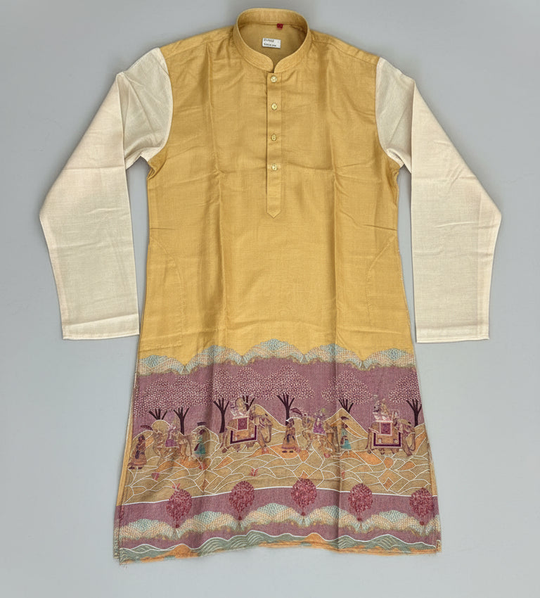 Golden Beige Silk Blend Kurta with Royal Procession Border Print -MK25