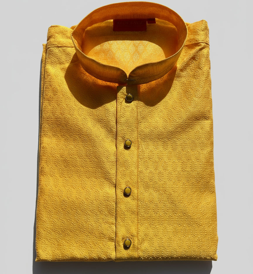 Sunshine Yellow Textured Kurta for Men | Festive Silk Blend Ethnic Wear -MK58