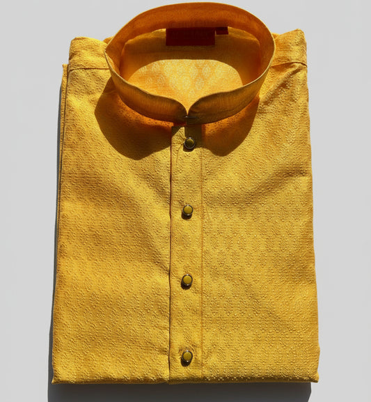 Sunshine Yellow Textured Kurta for Men | Festive Silk Blend Ethnic Wear -MK58