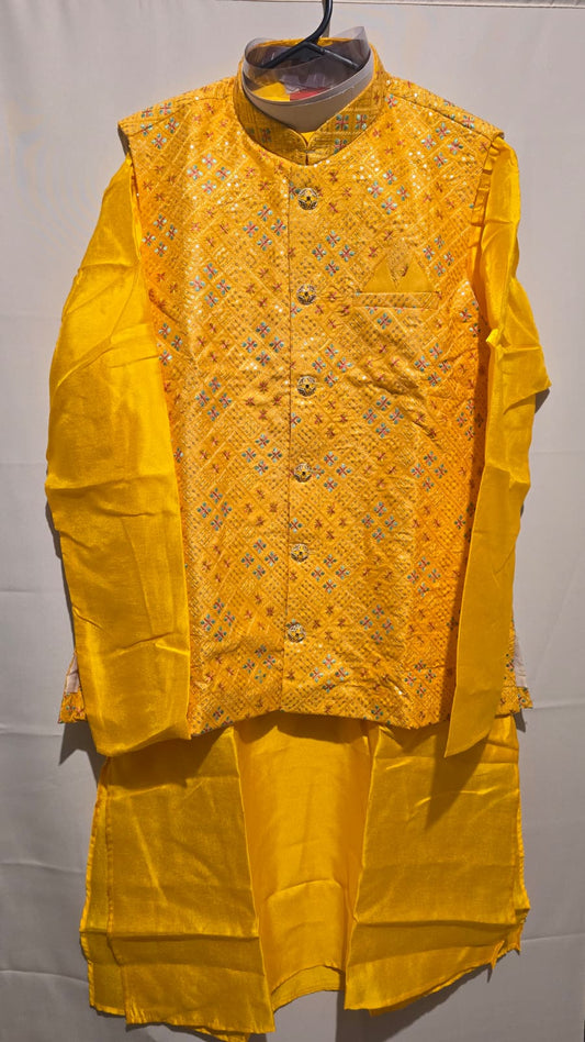 Golden Yellow Embroidered Kurta Set with Nehru Jacket -MK42