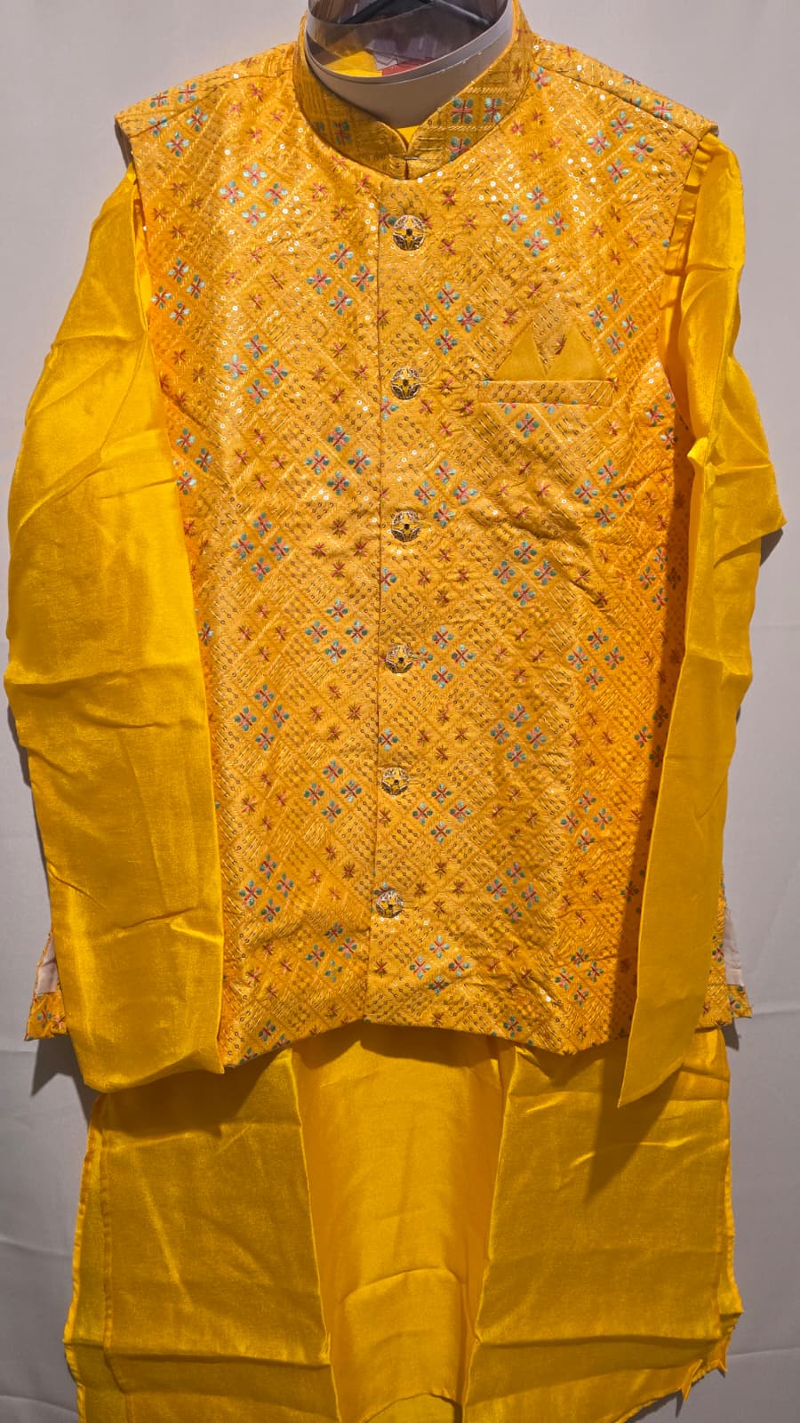 Golden Yellow Embroidered Kurta Set with Nehru Jacket -MK42