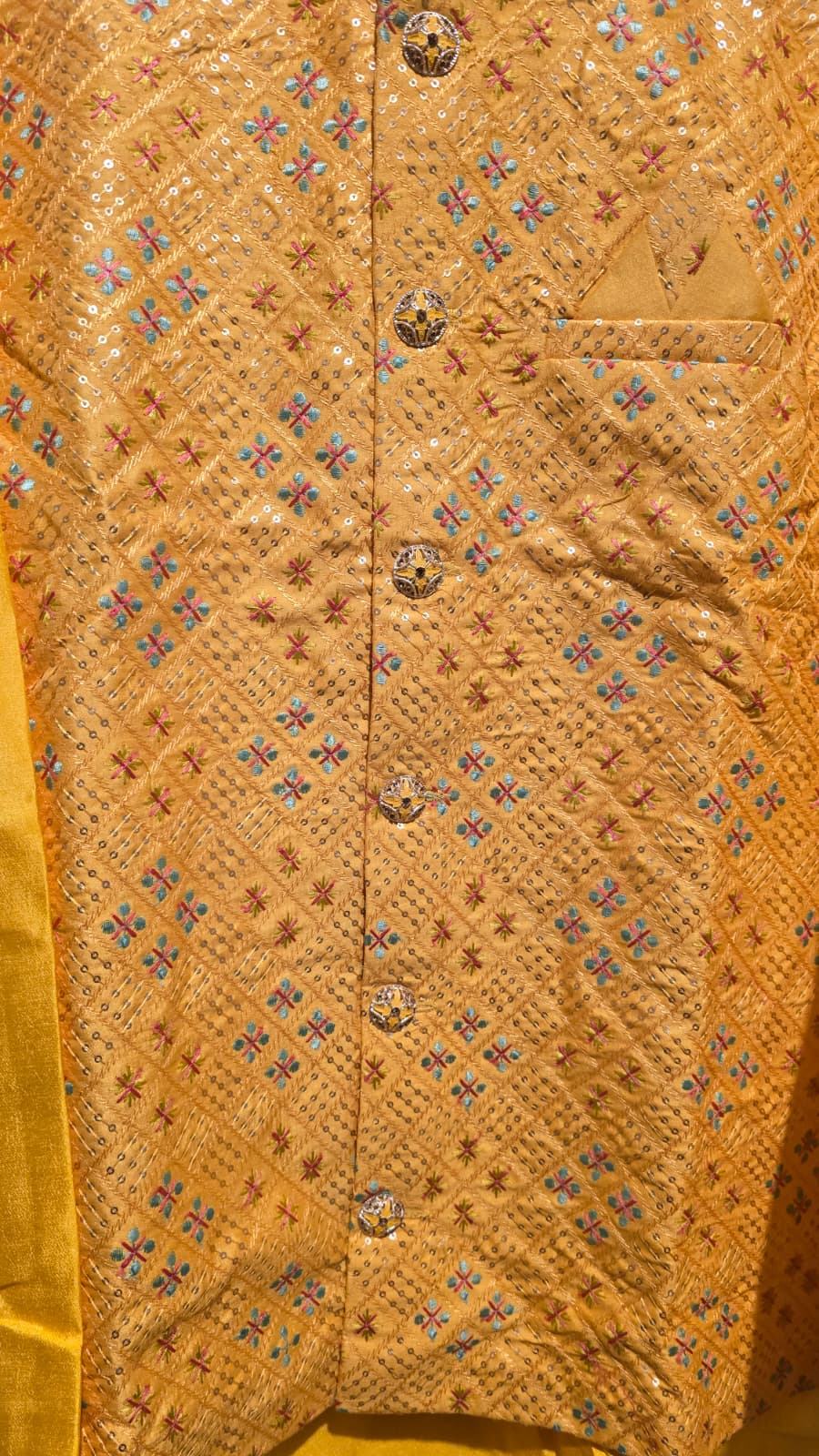 Golden Yellow Embroidered Kurta Set with Nehru Jacket -MK42