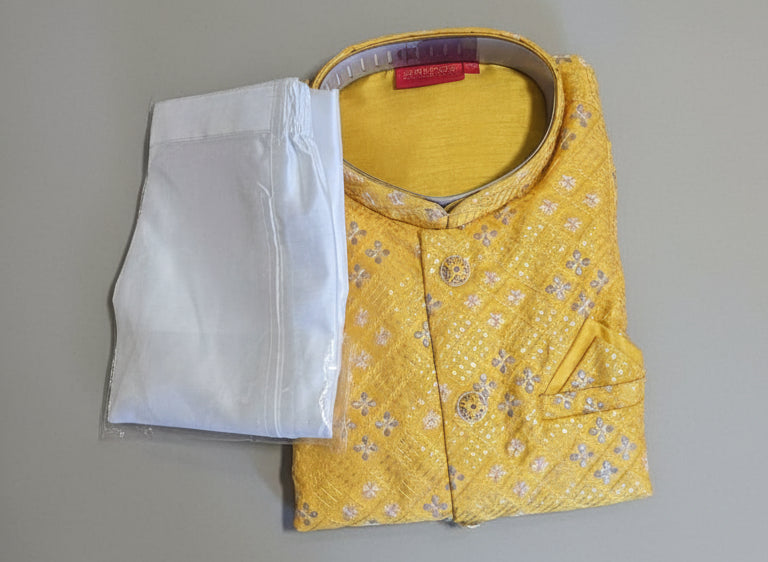Golden Mustard Kurta Set with Embroidered Nehru Jacket | MK43