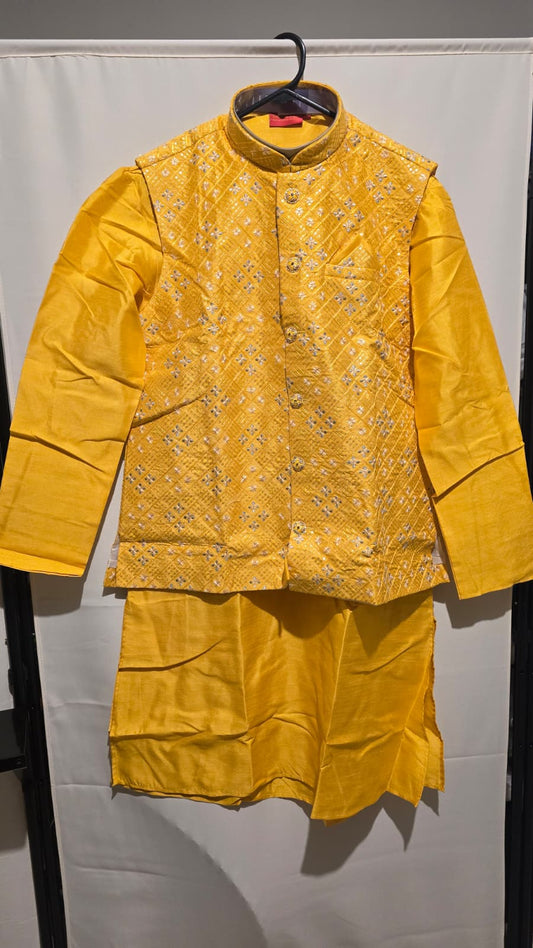 Golden Mustard Kurta Set with Embroidered Nehru Jacket | MK43
