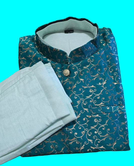 Teal Green Embroidered Nehru Jacket Kurta Set - MK72