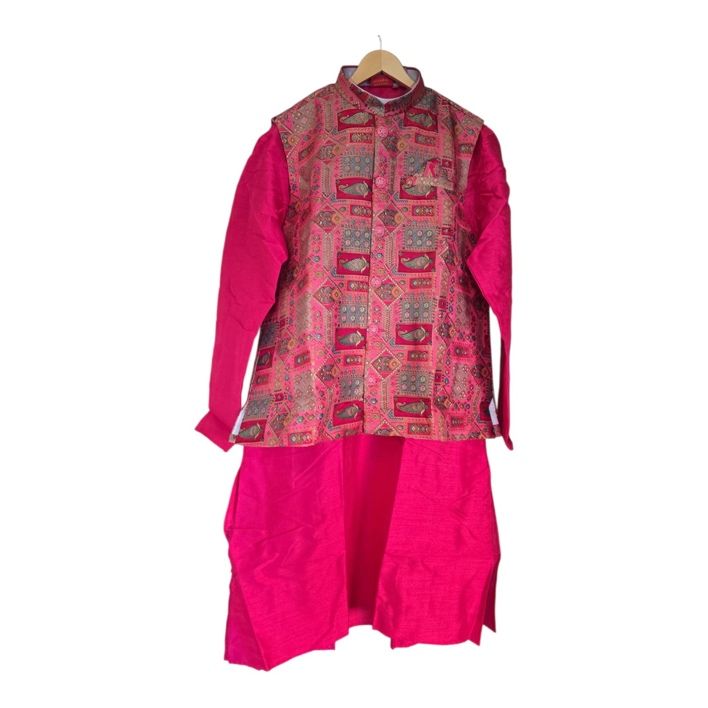 Bright Pink Silk Kurta with Designer Printed Nehru Jacket – Festive & Wedding Wear for Men -MK45