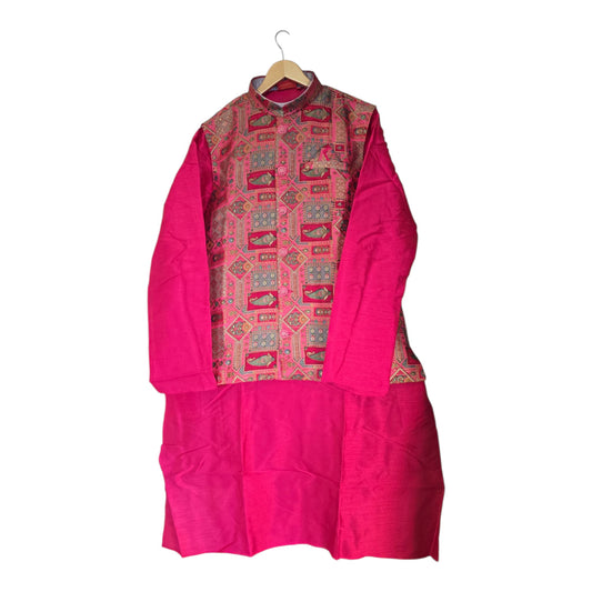 Bright Pink Silk Kurta with Designer Printed Nehru Jacket – Festive & Wedding Wear for Men -MK45
