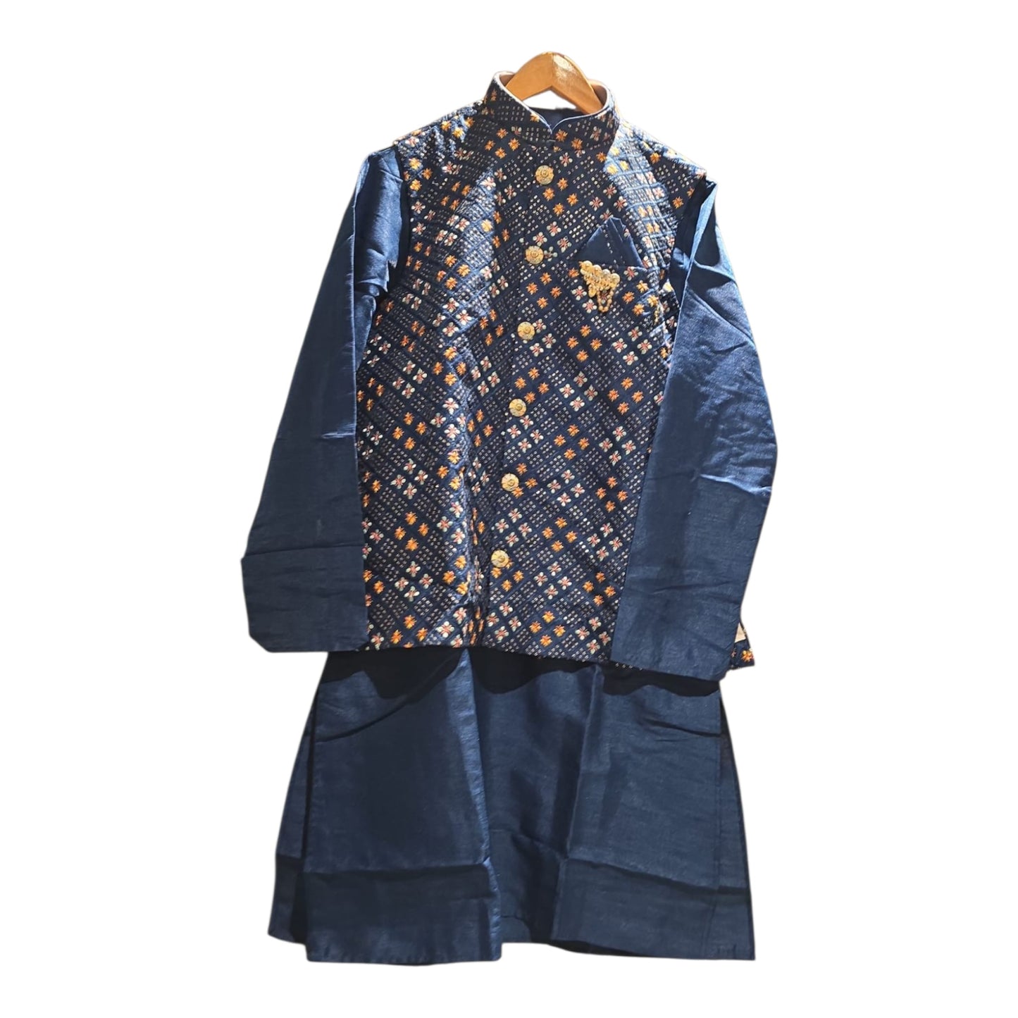Navy Blue Silk Kurta with Embroidered Nehru Jacket – Elegant Festive & Wedding Wear for Men - MK44