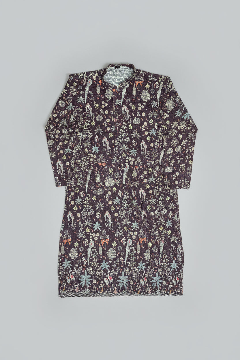 Midnight Traditional Bird Print Men’s Kurta – Wine(MK75)