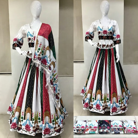 White Heritage Digital Print Chaniya Choli Set with Elephant & Temple Motifs