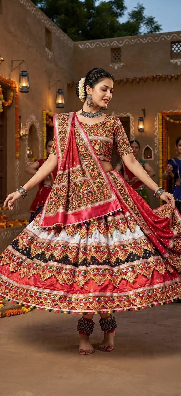 Red & Multicolour Traditional Indian Lehenga Choli Set with Dupatta -N1