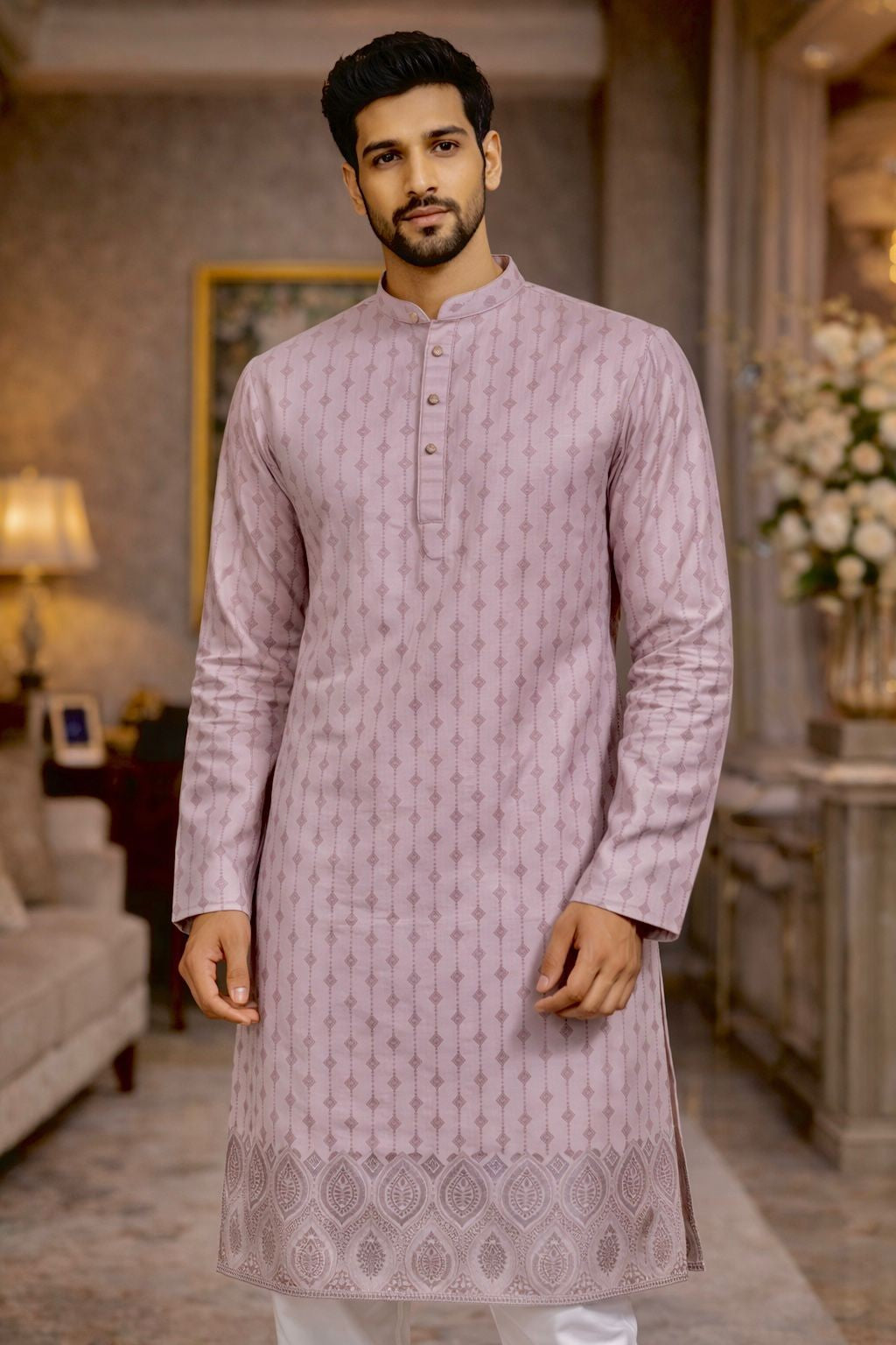 Light Pink Printed Men’s Kurta – Traditional Indian Ethnic Wear