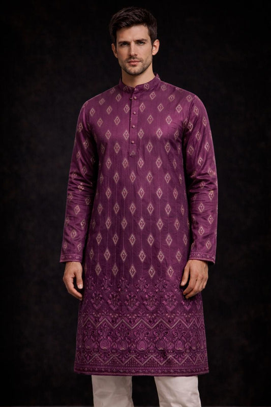 Men’s Royal Purple Printed & Embroidered Kurta – Festive Ethnic Wear