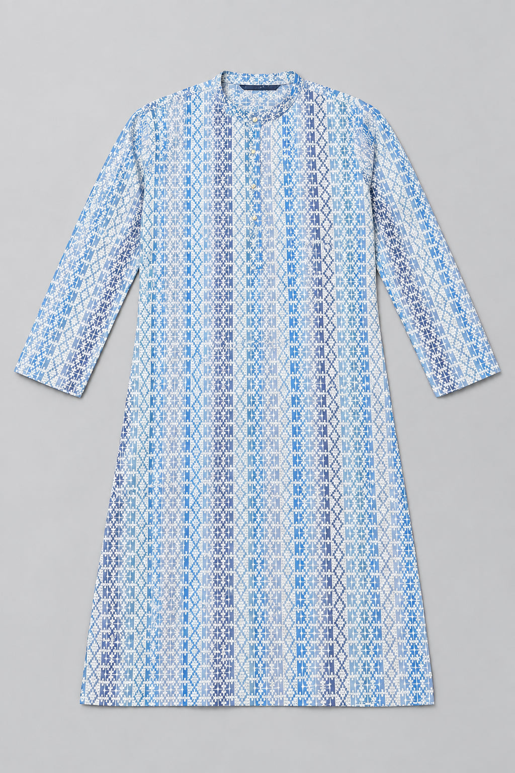Men’s Light Blue & White Printed Cotton Kurta – Casual & Festive Wear
