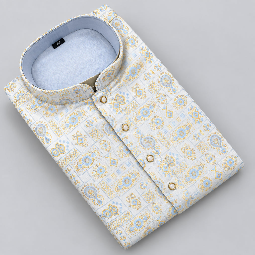 Men’s Off-White & Silver Jacquard Printed Silk-Blend Kurta – Festive & Celebration Wear