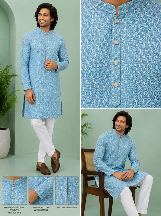 ky Blue Printed Men’s Kurta - Melbourne