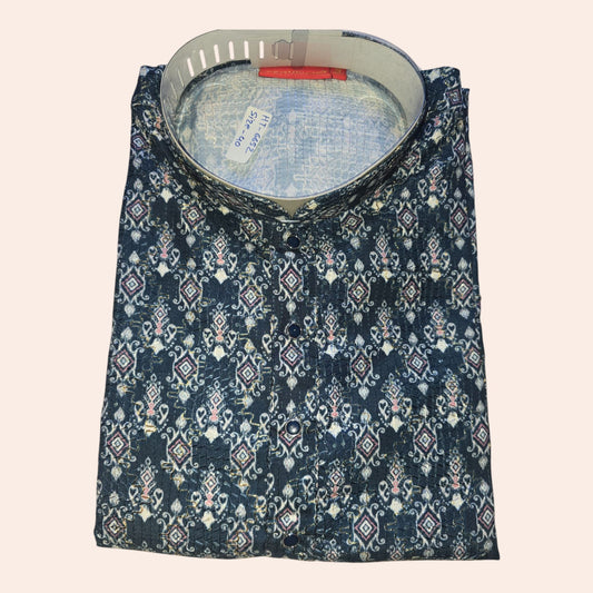 Men’s Printed Cotton Blend Kurta – Navy Blue & Off-White Pattern (MK22)