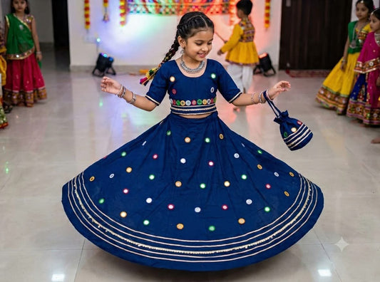 Girls Royal Blue Mirror Work Lehenga Choli Set