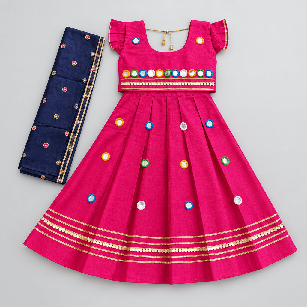 Girls Royal Pink Mirror Work Lehenga Choli Set