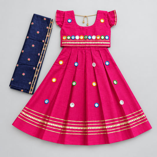 Girls Royal Pink Mirror Work Lehenga Choli Set
