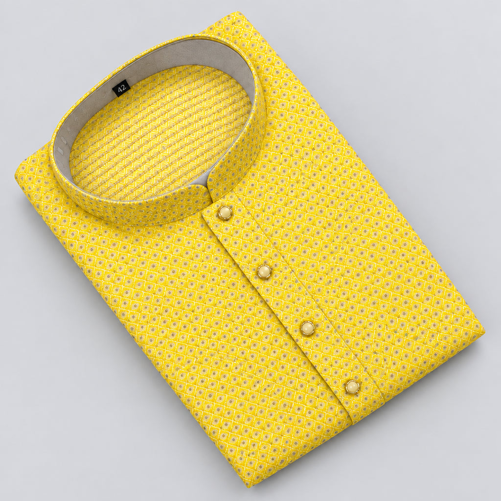 Men’s Yellow Printed Cotton Kurta – Traditional Festive Wear