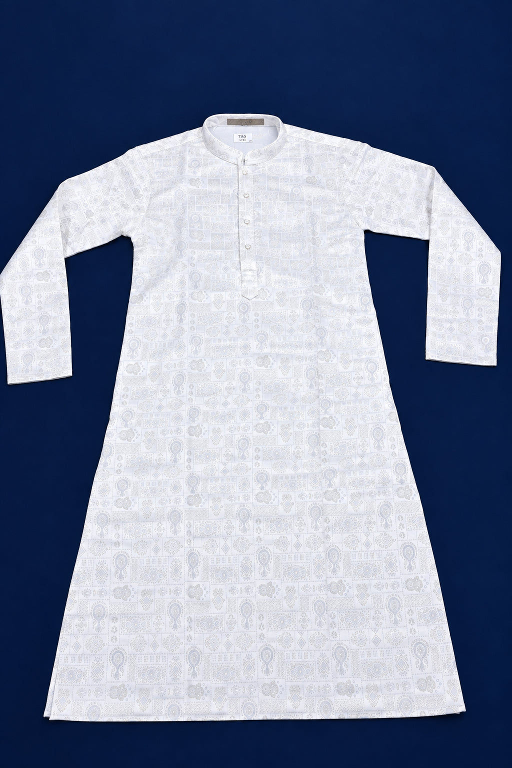 Men’s Off-White & Silver Jacquard Printed Silk-Blend Kurta – Festive & Celebration Wear