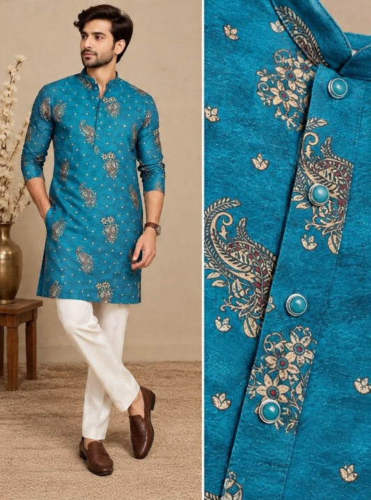 Men's teal blue Indian kurta with gold paisley and floral print, mandarin collar and decorative buttons – Indian Fabrics Australia