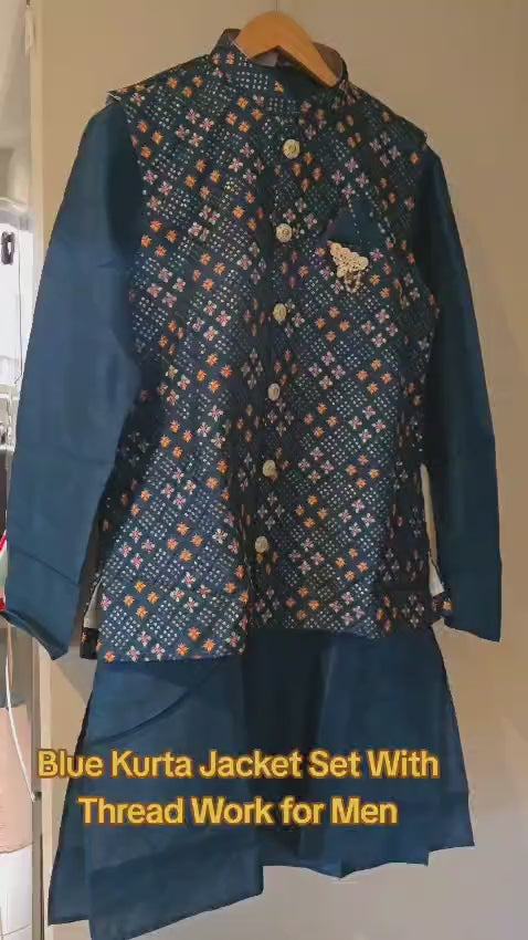 Navy Blue Silk Kurta with Embroidered Nehru Jacket – Elegant Festive & Wedding Wear for Men - MK44